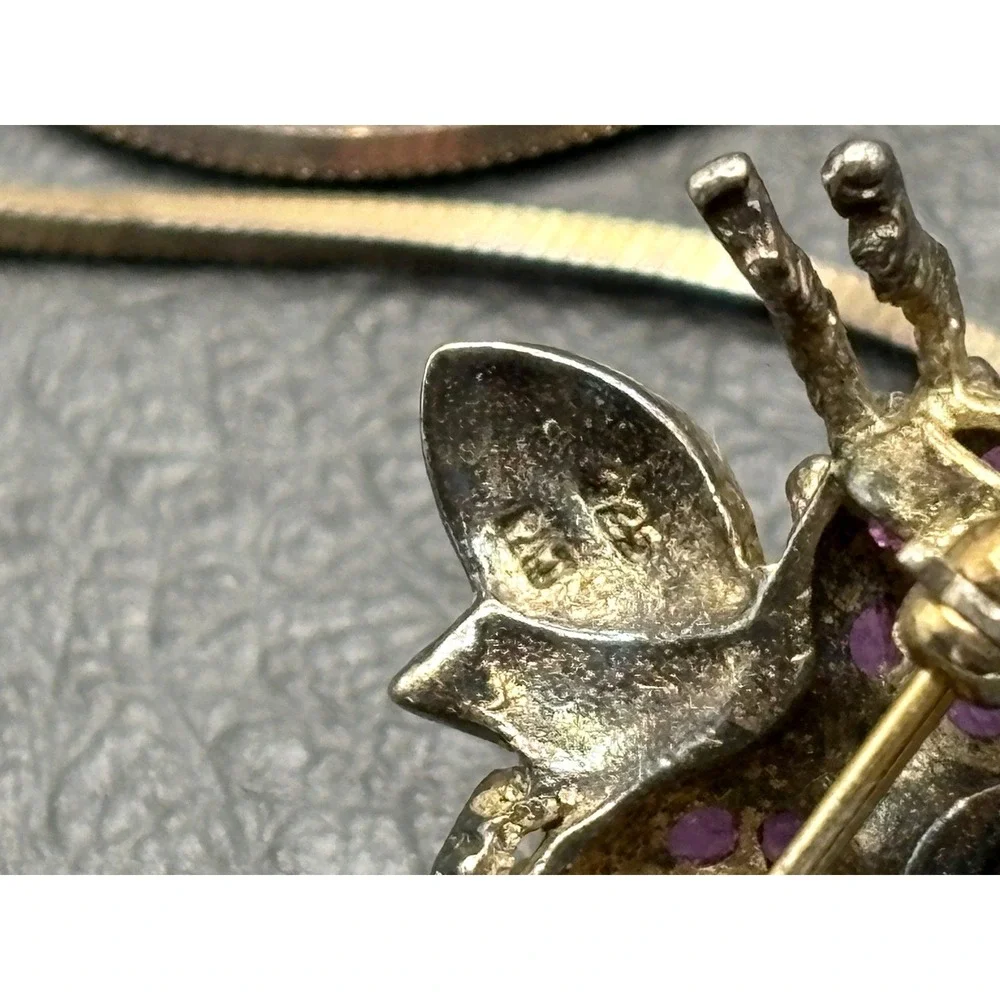 Vintage Insect Bee Ruby Sterling Silver  Pendant Brooch & Chain Necklace  17